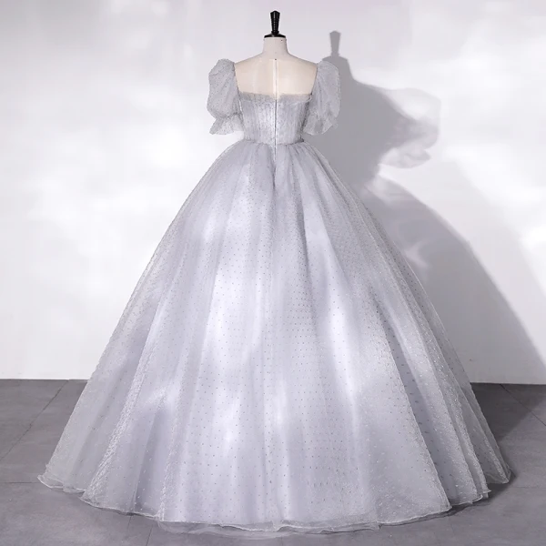 Chic / Beautiful Silver Grey Prom Dresses 2022 Ball Gown Scoop Neck Beading Lace Flower Appliques Short Sleeve Floor-Length / Long Formal Dresses