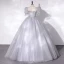 Chic / Beautiful Silver Grey Prom Dresses 2022 Ball Gown Scoop Neck Beading Lace Flower Appliques Short Sleeve Floor-Length / Long Formal Dresses