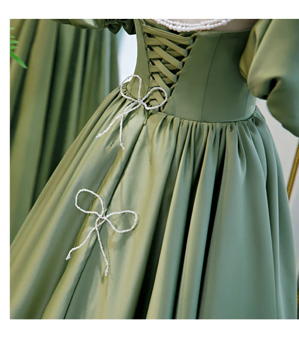 Vintage / Retro Sage Green Princess Prom Dresses 2021 Crossed Straps Backless Beading Pearl Floor-Length / Long Satin Scoop Neck Dancing Homecoming Short Sleeve Evening Dresses