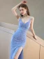 Sexy Bleu Ciel Paillettes Robe De Soirée 2023 Trompette / Sirène Bretelles Spaghetti Sans Manches Dos Nu Noeud Fendue devant Longue Soirée Robe De Ceremonie