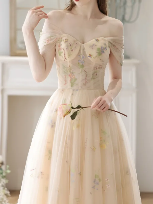 Elegante Champagner Blumen Ballkleider 2023 A Linie Spaghettiträger Ärmellos Rückenfreies Lange Ball Festliche Kleider