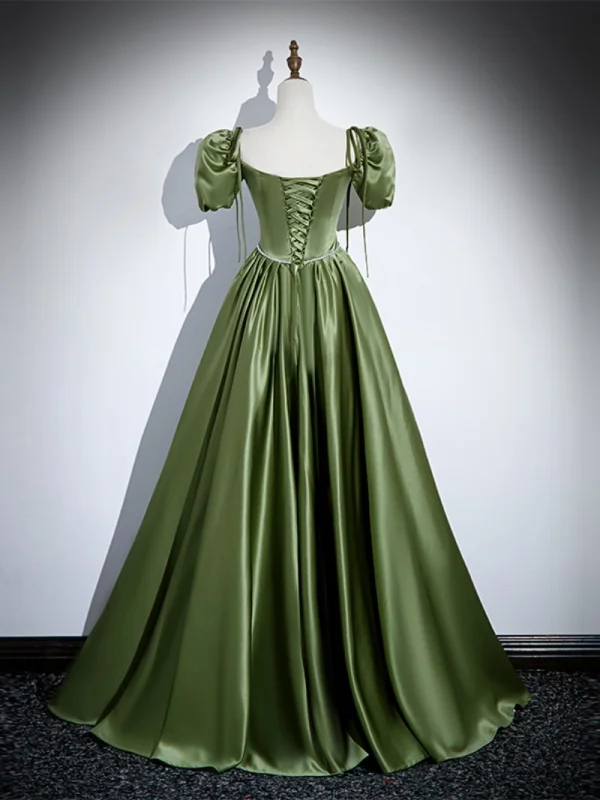 Chic / Belle Vert Cendré Satin Robe De Bal 2023 Princesse Bretelles Spaghetti Gonflée Manches Courtes Dos Nu Faux Diamant Noeud Ceinture Longue Promo Robe De Ceremonie