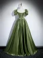 Chic / Belle Vert Cendré Satin Robe De Bal 2023 Princesse Bretelles Spaghetti Gonflée Manches Courtes Dos Nu Faux Diamant Noeud Ceinture Longue Promo Robe De Ceremonie