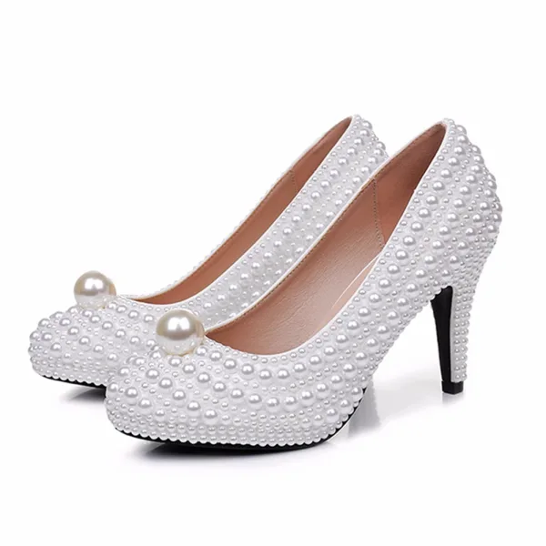 Elegante Witte Parel Bruidsschoenen 2025 9 cm Naaldhakken / Stiletto Ronde Neus Huwelijk Pumps Hoge Hakken