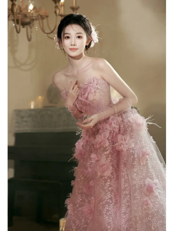 Flower Fairy Candy Pink Sequins Appliques Tassel Prom Dresses 2025 A-Line / Princess Strapless Sleeveless Backless Floor-Length / Long Prom Formal Dresses