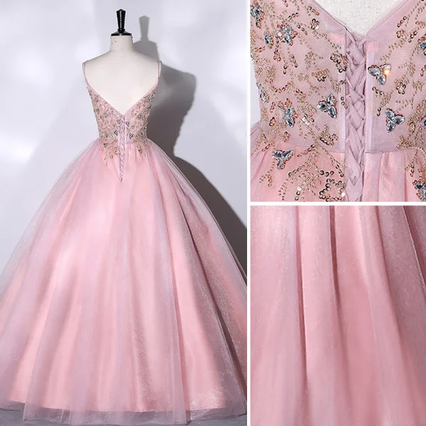 Chic / Belle Rougissant Rose Perlage Faux Diamant Paillettes Robe De Bal 2023 Robe Boule Bretelles Spaghetti Sans Manches Dos Nu Longue Promo Robe De Ceremonie