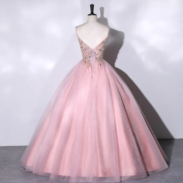 Chic / Belle Rougissant Rose Perlage Faux Diamant Paillettes Robe De Bal 2023 Robe Boule Bretelles Spaghetti Sans Manches Dos Nu Longue Promo Robe De Ceremonie
