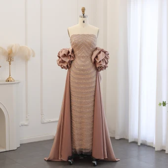 High End Champagne Handmade Beading Sequins Evening Dresses 2024 Trumpet Mermaid Strapless Ruffle Short Sleeve Backless Floor Length Long Evening Party Formal Dresses