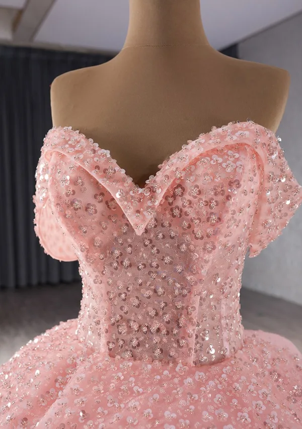 High End Schön Rosa Handgefertigt Perlenstickerei Pailletten Ballkleider 2024 Ballkleid Bandeau Ärmellos Rückenfreies Kapelle-Schleppe Ball Festliche Kleider