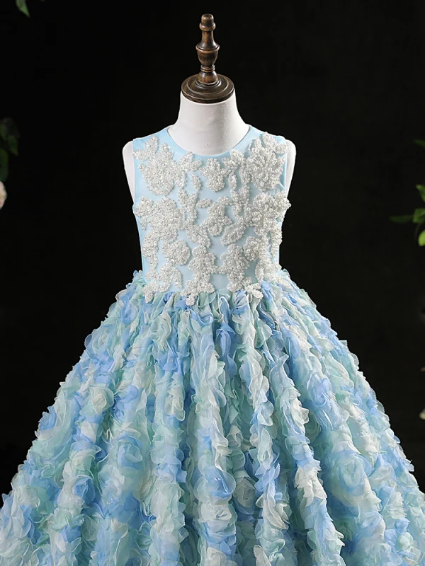 Flower Fairy Sky Blue Beading Pearl Appliques Birthday Flower Girl Dresses 2024 A-Line / Princess Scoop Neck Sleeveless Floor-Length / Long Tulle