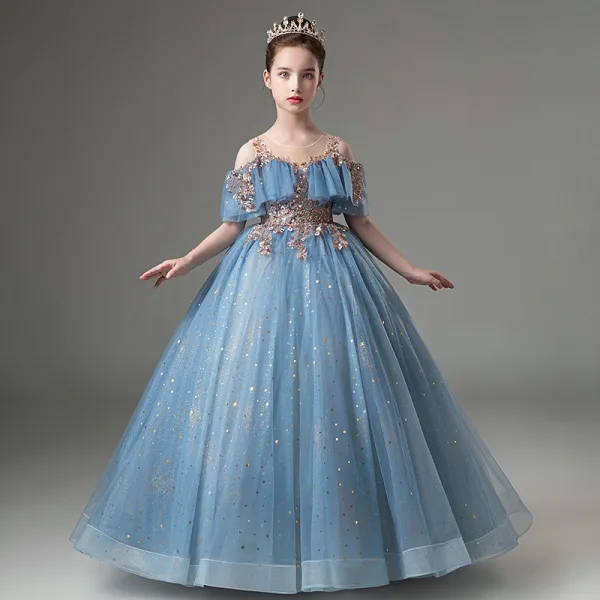 Chic / Beautiful Sky Blue Beading Sequins Birthday Flower Girl Dresses 2024 Ball Gown Scoop Neck Short Sleeve Floor-Length / Long
