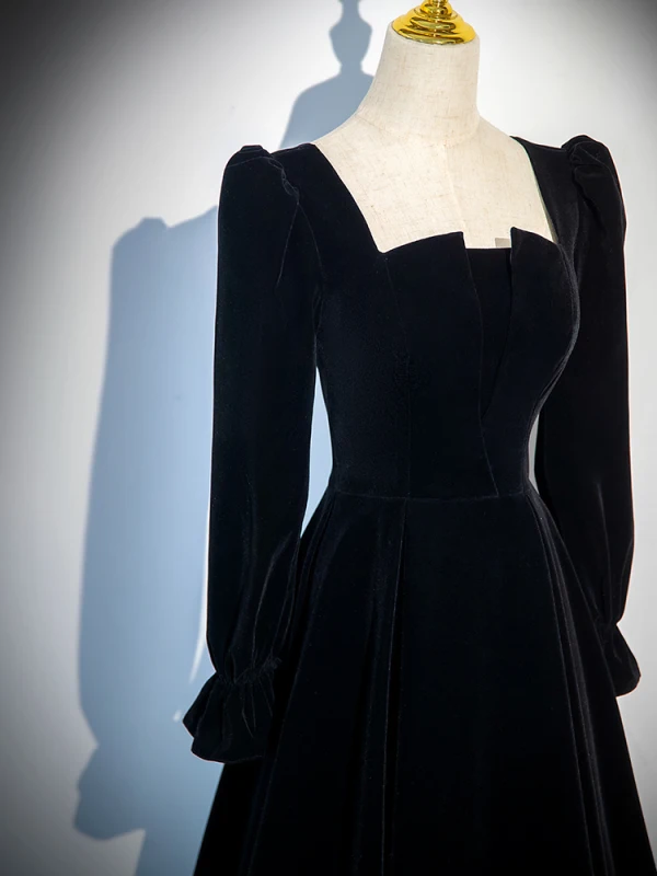 Vintage / Retro Black Winter Prom Dresses 2024 A-Line / Princess Square Neckline Long Sleeve Backless Floor-Length / Long Prom Formal Dresses