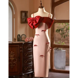 Sexy Burgundy Satin Evening Dresses 2023 Trumpet Mermaid Spaghetti Straps Bow Short Sleeve Backless Tea Length Evening Party Formal Dresses