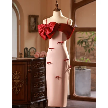 Sexy Burgundy Satin Evening Dresses 2023 Trumpet Mermaid Spaghetti Straps Bow Short Sleeve Backless Tea Length Evening Party Formal Dresses