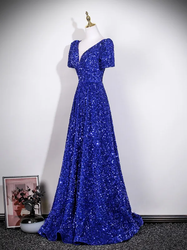 Sparkly Royal Blue Sequins Prom Dresses 2026 A-Line / Princess V-Neck Short Sleeve Backless Floor-Length / Long
