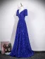 Sparkly Royal Blue Sequins Prom Dresses 2026 A-Line / Princess V-Neck Short Sleeve Backless Floor-Length / Long