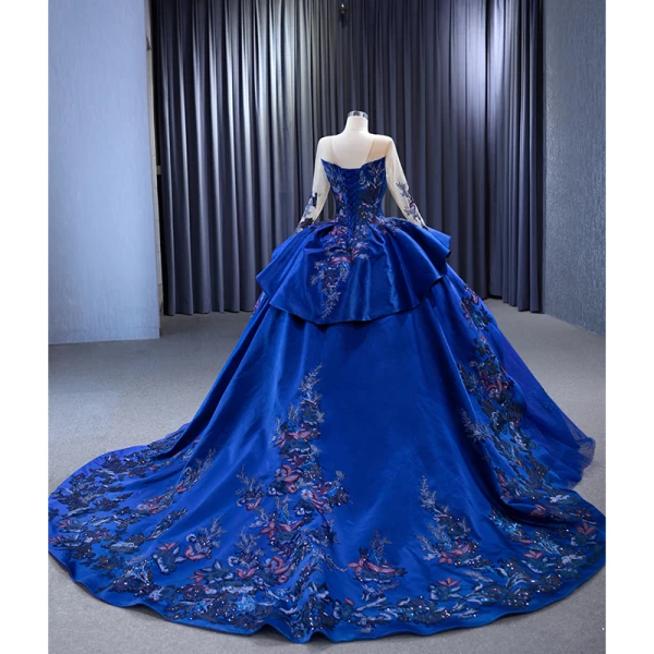 Vintage / Retro High-end Navy Blue Handmade  Beading Sequins Lace Flower Prom Dresses 2023 A-Line / Princess Scoop Neck Long Sleeve Backless Chapel Train