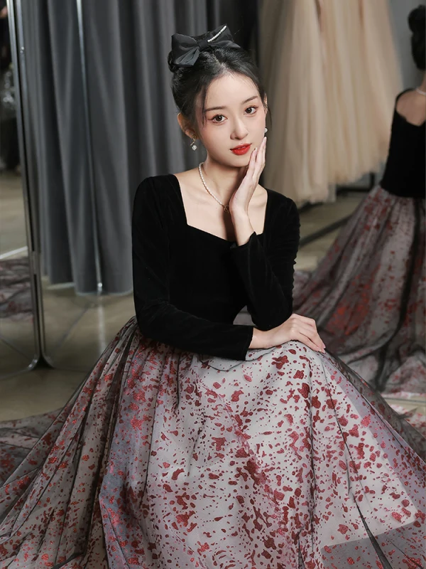 Elegant Black Evening Dresses 2023 A-Line / Princess Square Neckline Long Sleeve Backless Floor-Length / Long Evening Party Formal Dresses