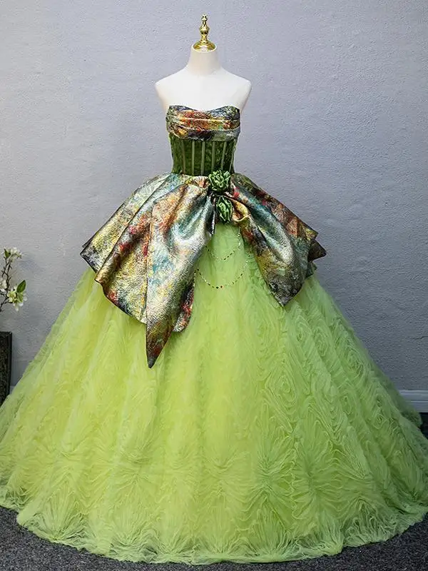 Chic / Beautiful Sage Green Printing Prom Dresses 2025 Ball Gown Strapless Sleeveless Backless Floor-Length / Long Tulle Prom Formal Dresses