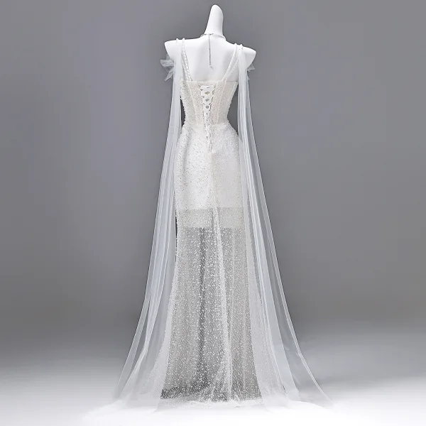 Scintillantes Blanche Perlage Perle Paillettes Robe De Soirée 2026 Trompette / Sirène Bretelles Spaghetti Sans Manches Dos Nu Longue Robe De Ceremonie