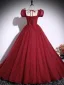 Modest / Simple Burgundy Appliques Prom Dresses 2025 Ball Gown Square Neckline Puffy Short Sleeve Backless Floor-Length / Long Formal Dresses
