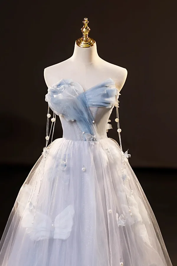Charming Sky Blue Glitter Pearl Sequins Prom Dresses 2023 Ball Gown Strapless Sleeveless Backless Floor-Length / Long Prom Formal Dresses