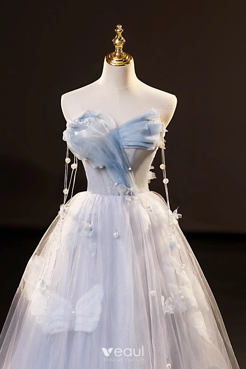 Charming Sky Blue Glitter Pearl Sequins Prom Dresses 2023 Ball Gown Strapless Sleeveless Backless Floor Length Long Prom Formal Dresses Charming Sky Blue Glitter Pearl Sequins Prom Dresses 2023 Ball Gown Strapless Sleeveless Backless Floor Length Long Prom Formal Dresses