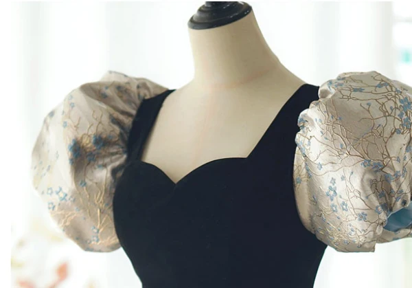 Vintage / Retro Navy Blue Printing Prom Dresses 2024 Ball Gown Square Neckline Puffy Short Sleeve Bow Sash Backless Floor-Length / Long Prom Formal Dresses