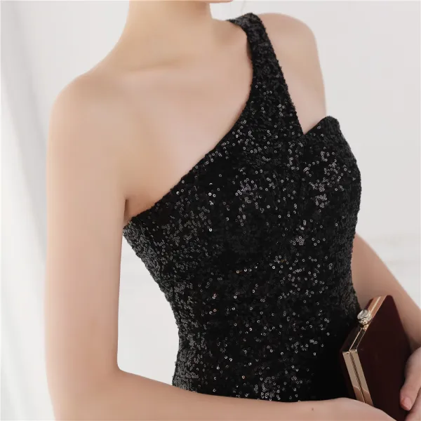 Sparkly Beige Sequins Evening Dresses 2022 A-Line / Princess One-Shoulder Sleeveless Backless Floor-Length / Long Evening Party Formal Dresses