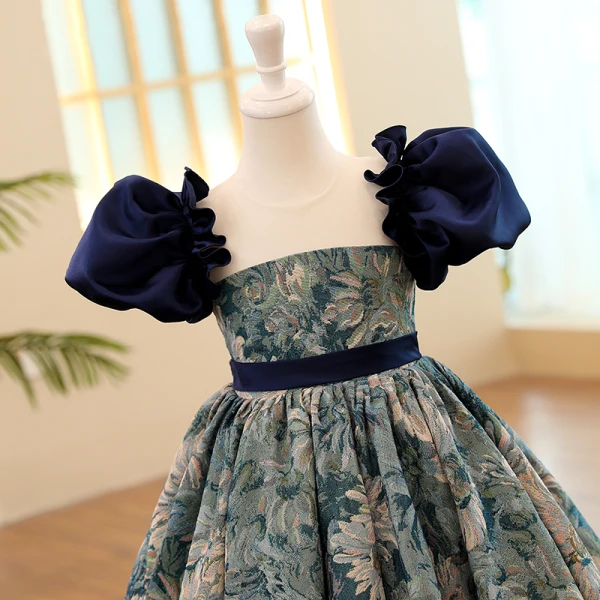 Vintage / Originale Bleu Marine Anniversaire Impression Robe Ceremonie Fille 2023 Princesse Encolure Carrée Gonflée Manches Courtes Dos Nu Noeud Ceinture Longue