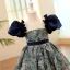 Vintage / Originale Bleu Marine Anniversaire Impression Robe Ceremonie Fille 2023 Princesse Encolure Carrée Gonflée Manches Courtes Dos Nu Noeud Ceinture Longue