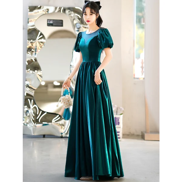 Vintage / Retro Dark Green Prom Dresses 2022 A-Line / Princess Scoop Neck Short Sleeve Backless Floor-Length / Long Prom Formal Dresses