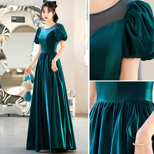 Vintage / Retro Dark Green Prom Dresses 2022 A-Line / Princess Scoop Neck Short Sleeve Backless Floor-Length / Long Prom Formal Dresses
