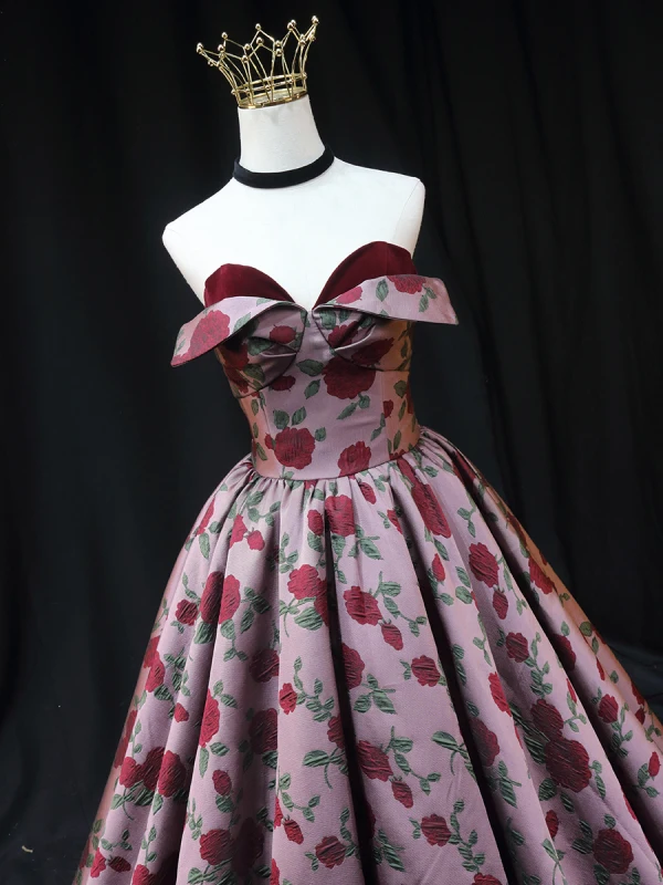 Vintage / Originale Bordeaux Rose Impression Robe De Bal 2022 Princesse Satin Bustier Sans Manches Dos Nu Longue Promo Robe De Ceremonie
