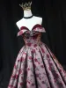 Vintage / Retro Burgundy Rose Printing Prom Dresses 2022 A-Line / Princess Satin Strapless Sleeveless Backless Floor-Length / Long Prom Formal Dresses