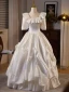 Vintage Ivory / Creme Perle Satin Brautkleider / Hochzeitskleider 2024 Ballkleid Eckiger Ausschnitt Geschwollenes Kurze Ärmel Rückenfreies Lange Hochzeit