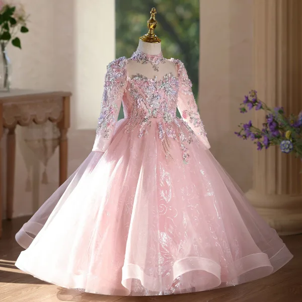 Elegant Blushing Pink Beading Sequins Appliques Birthday Flower Girl Dresses 2026 Ball Gown High Neck Long Sleeve Backless Floor-Length / Long Tulle
