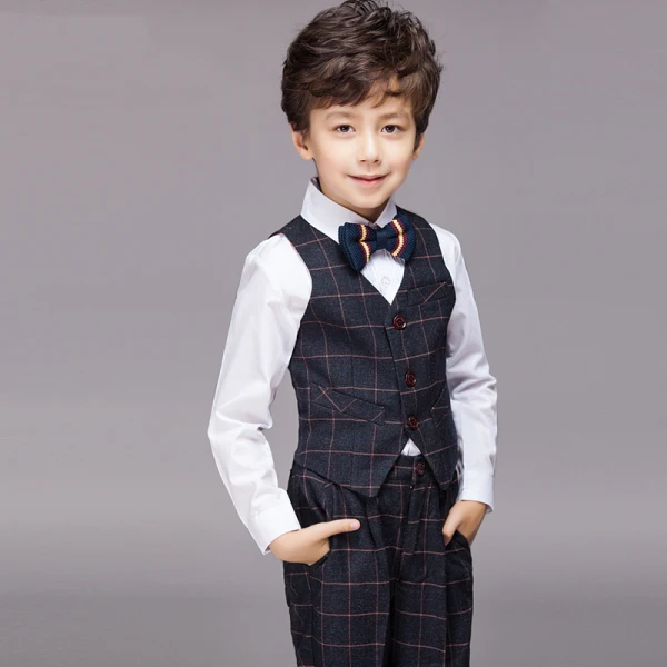 Black 4-piece Long Sleeve Boys Wedding Suits 2022 Pants Shirt Tie Vest Wedding