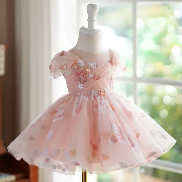 Chic / Belle Rougissant Rose Perle Paillettes Courte Anniversaire Robe Ceremonie Fille 2024 Robe Boule Encolure Dégagée Mancherons Tulle