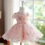 Chic / Belle Rougissant Rose Perle Paillettes Courte Anniversaire Robe Ceremonie Fille 2024 Robe Boule Encolure Dégagée Mancherons Tulle