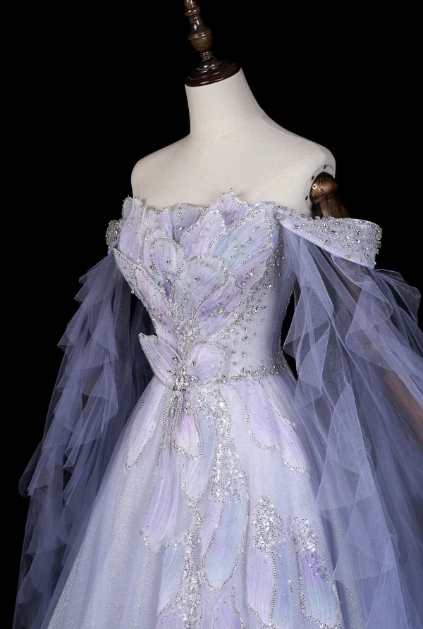 Luxe Lavande Fait main Perlage Faux Diamant Paillettes Robe De Bal 2026 Princesse De l'épaule Sans Manches Dos Nu Longue Tulle Robe De Ceremonie