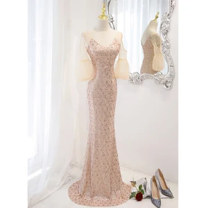 Brillante Oro Lentejuelas Vestidos De Noche 2023 Trumpet Mermaid V Cuello 1 2 Ærmer Sin Espalda Colas De Barrido Noche Vestidos Formales
