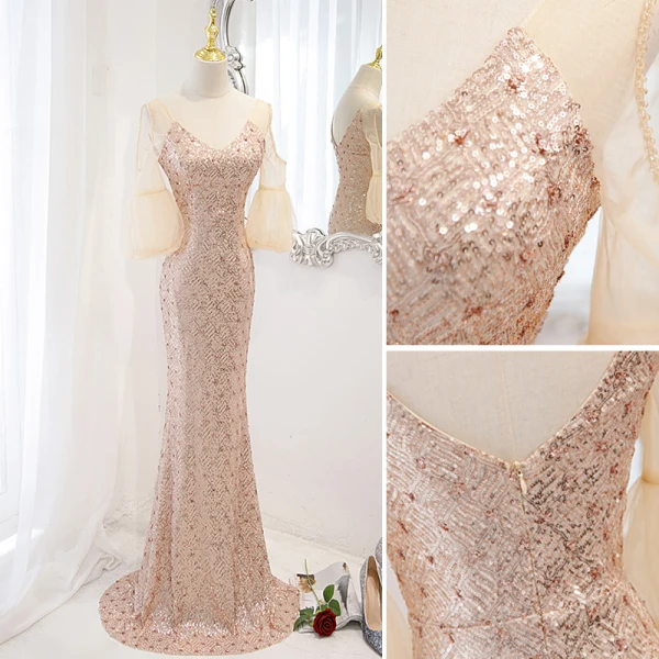 Scintillantes Doré Paillettes Robe De Soirée 2023 Trompette / Sirène V-Cou 1/2 Manches Dos Nu Train De Balayage Soirée Robe De Ceremonie