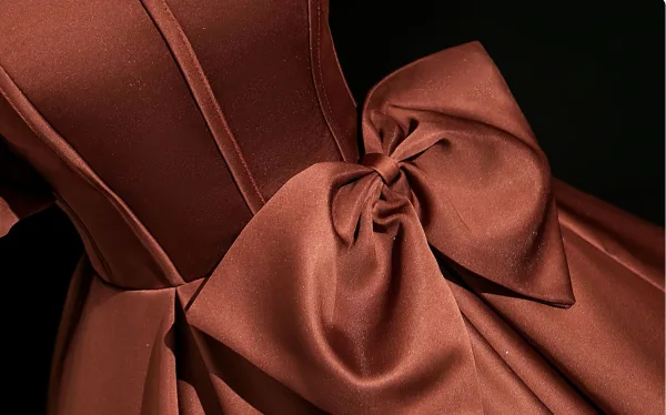 Vintage / Retro Brown Bow Satin Prom Dresses Ball Gown 2025 Off-The-Shoulder Short Sleeve Backless Floor-Length / Long Formal Dresses