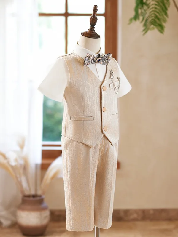 Fashion Khaki 5-piece Short Sleeve Boys Wedding Suits 2024 Body Jewellery Pants Shirt Vest