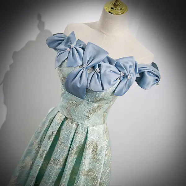 Chic / Beautiful Mint Green Printing Prom Dresses 2022 A-Line / Princess Off-The-Shoulder Pearl Bow Sleeveless Backless Floor-Length / Long Prom Formal Dresses