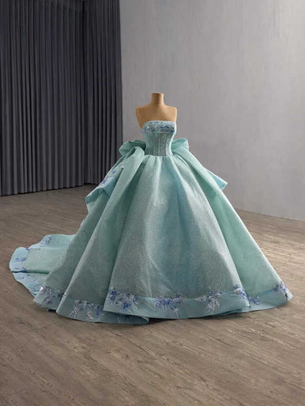 Luxury / Gorgeous Mint Green Handmade  Glitter Sequins Beading Prom Dresses 2025 Ball Gown Strapless Sleeveless Backless Bow Royal Train Formal Dresses