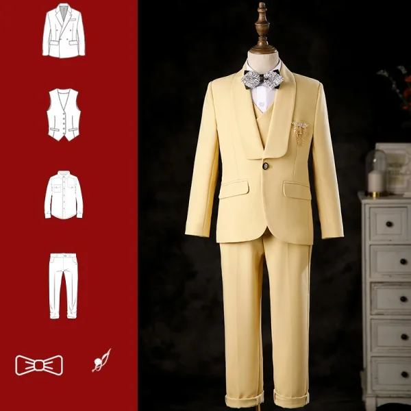 Yellow 6-piece Long Sleeve Boys Wedding Suits 2024 Body Jewellery Coat Pants Shirt Tie Vest