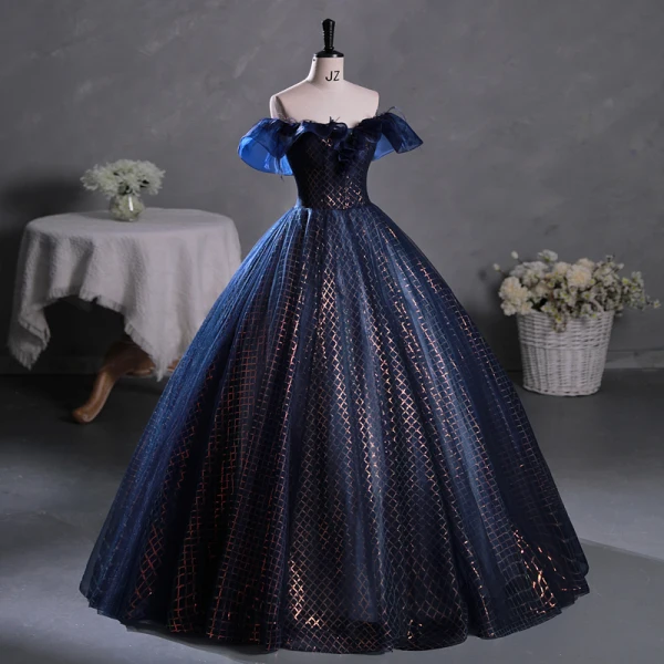 Vintage / Originale Bleu Marine Paillettes Robe De Bal 2023 Robe Boule De l'épaule Gland Sans Manches Dos Nu Longue Promo Robe De Ceremonie