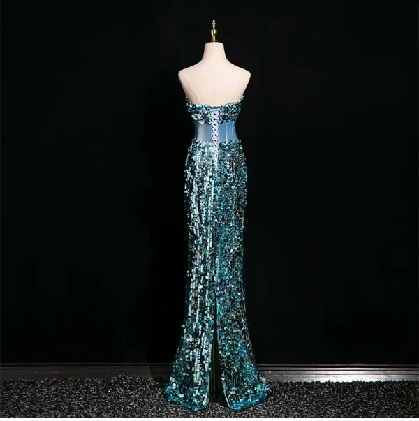 Sexy Glitzernden Blau Perlenstickerei Strass Pailletten Abendkleider 2025 Meerjungfrau Bandeau Ärmellos Rückenfreies Schleife Sweep / Pinsel Zug Abend